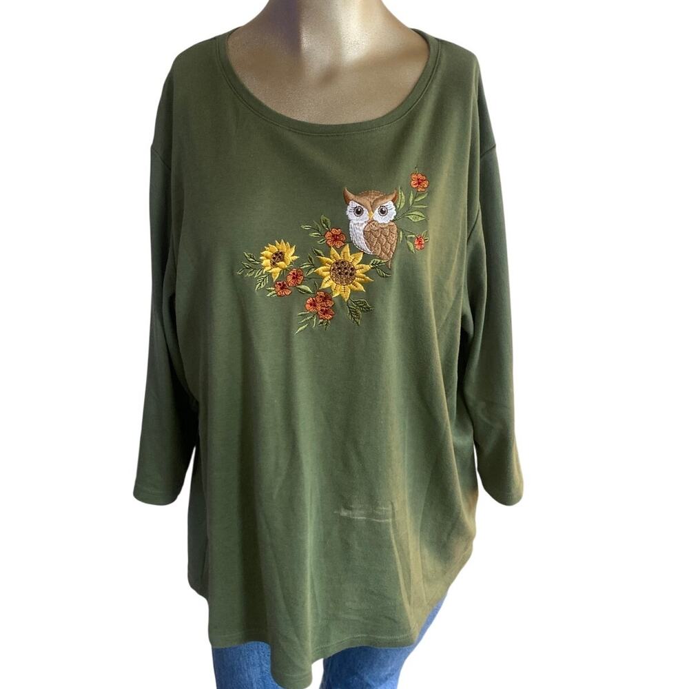Morning Sun Embroidered Owl Sunflower Green Top Blouse XL
